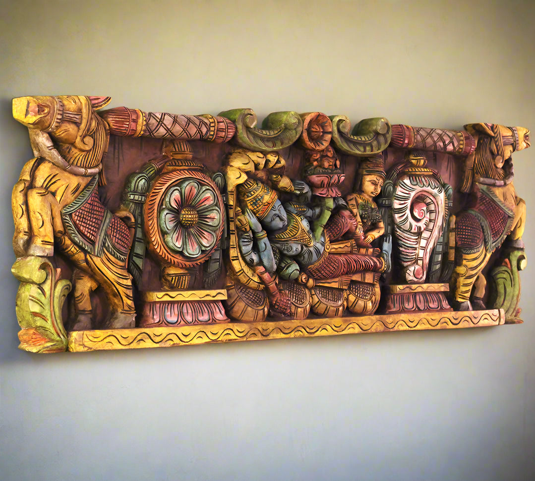 Wooden Carved Wall Panel Vishnu - Laxmi
