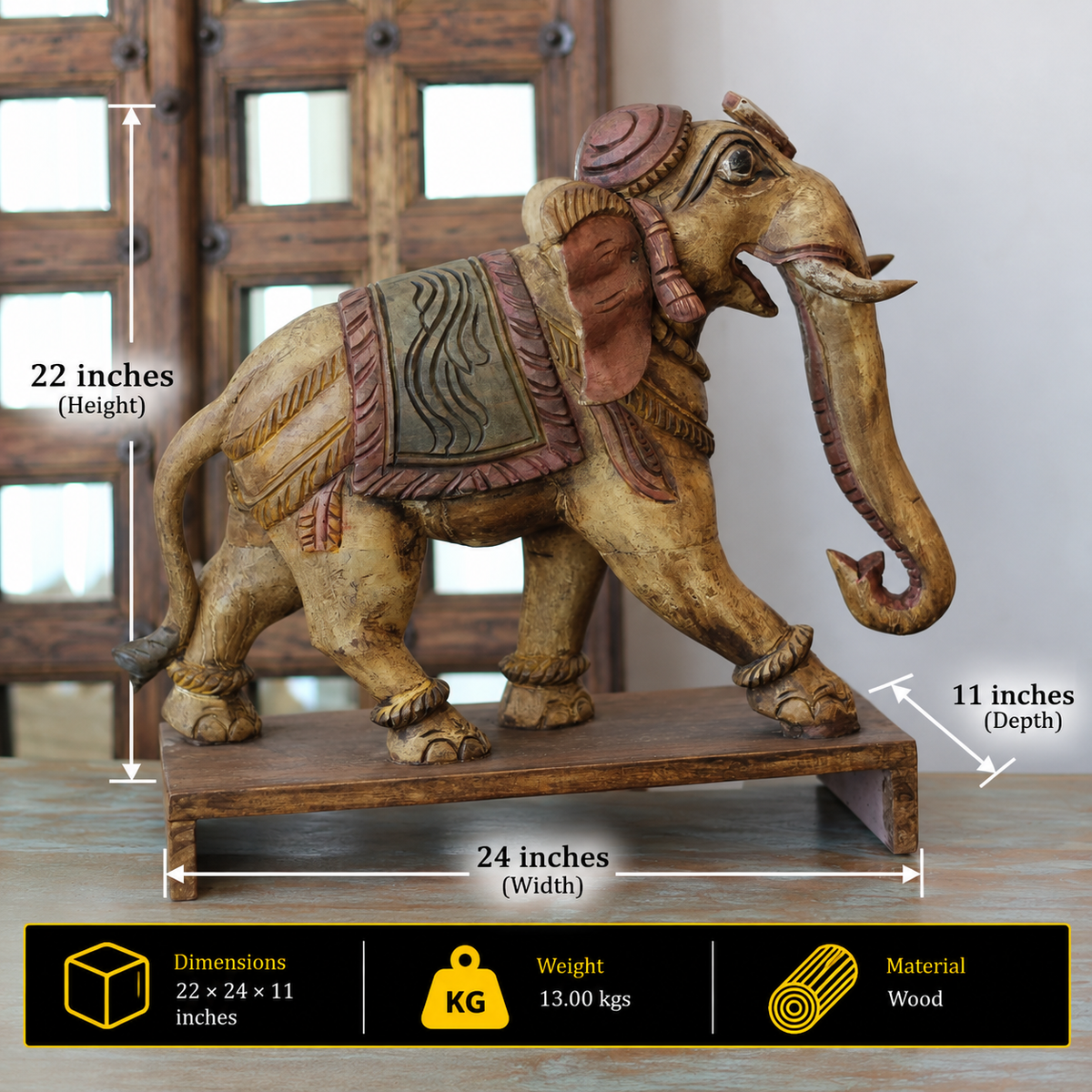 Handcrafted Wooden Elephant Sculpture – Vintage Antique Finish