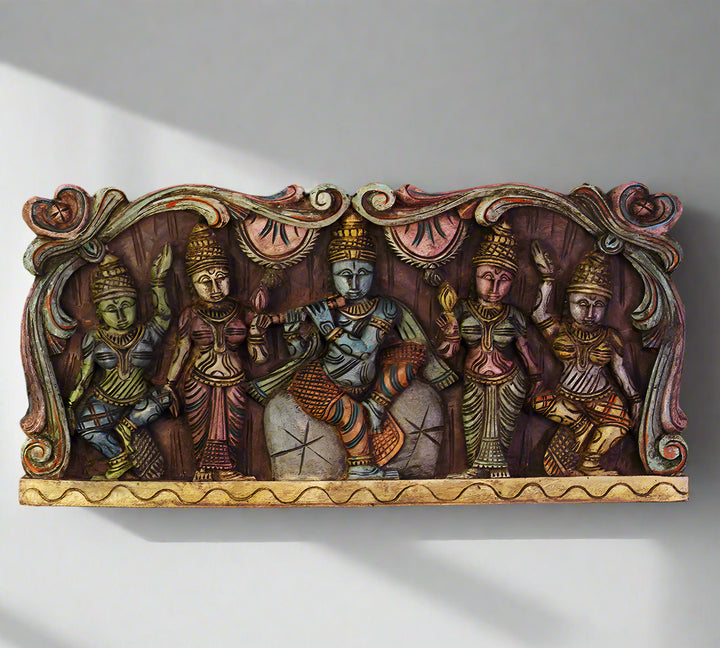 Wooden Hand Carved Wall Panel Krishna