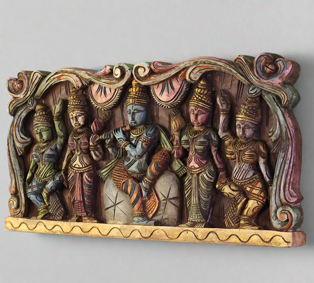 Wooden Hand Carved Wall Panel Krishna
