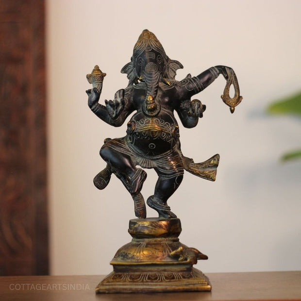 Brass Dancing Ganesha Statue Black and Gold Finish-13"
