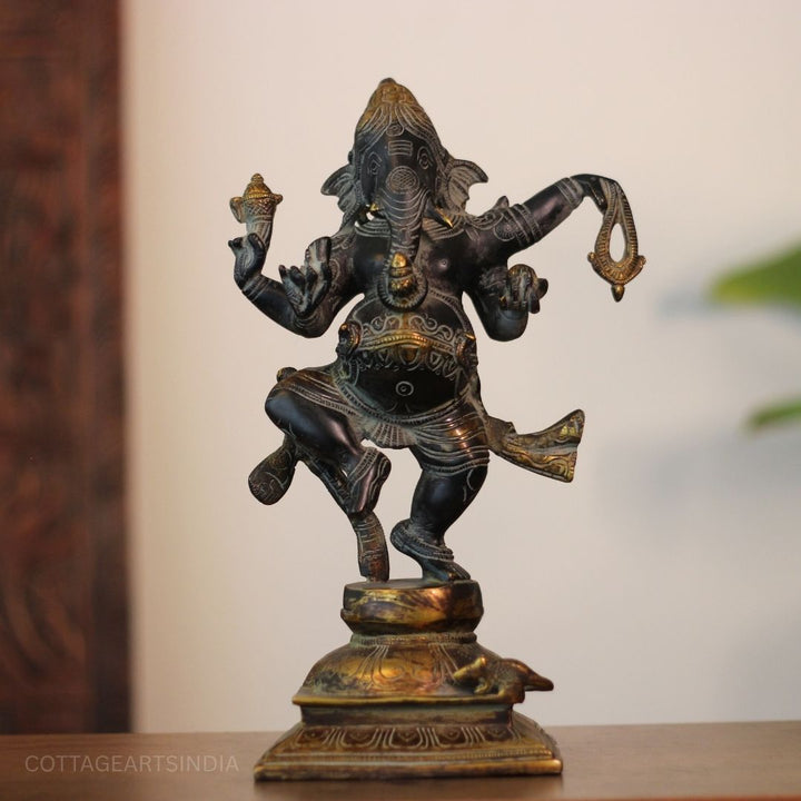 Brass Dancing Ganesha Statue Black and Gold Finish-13"