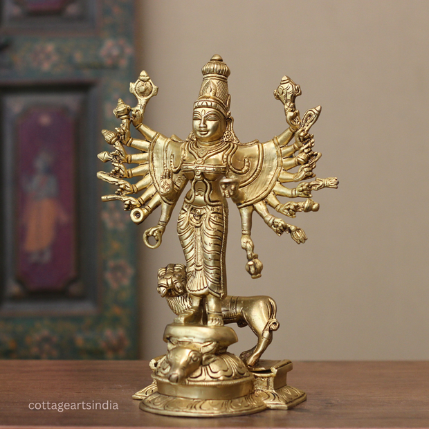 18-Armed Brass Goddess Durga Mahishasuramardini | Durga Sculpture