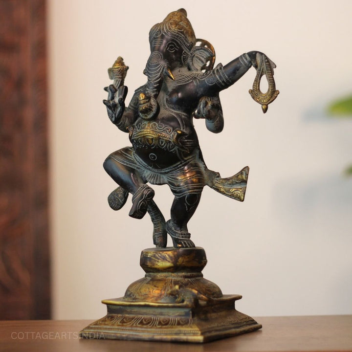 Brass Dancing Ganesha Statue Black and Gold Finish-13"