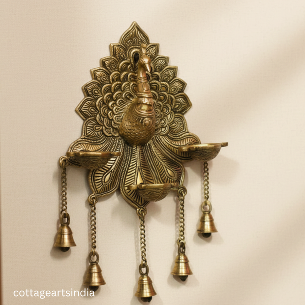 Handcrafted Brass Peacock Wall Hanging with 3 Diyas & Bells | Traditional Indian Wall Décor