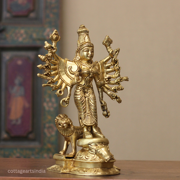 18-Armed Brass Goddess Durga Mahishasuramardini | Durga Sculpture