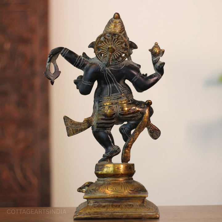 Brass Dancing Ganesha Statue Black and Gold Finish-13"