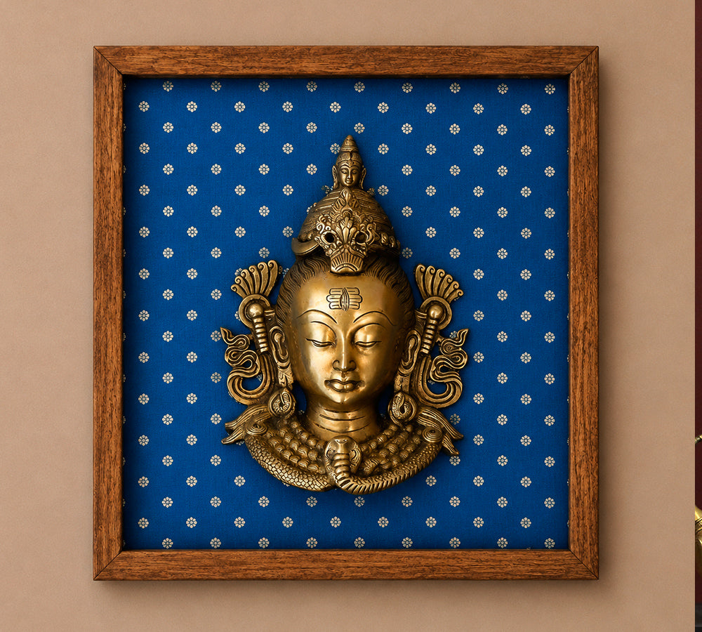 Brass Shiva Mask In Wooden Frame