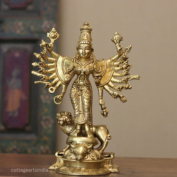 18-Armed Brass Goddess Durga Mahishasuramardini | Durga Sculpture