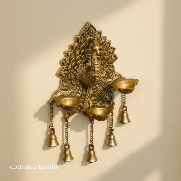 Handcrafted Brass Peacock Wall Hanging with 3 Diyas & Bells | Traditional Indian Wall Décor
