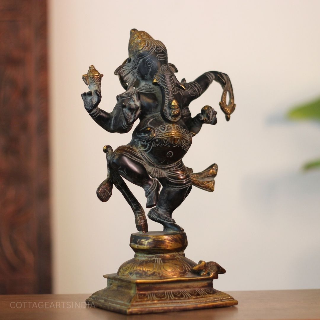 Brass Dancing Ganesha Statue Black and Gold Finish-13"