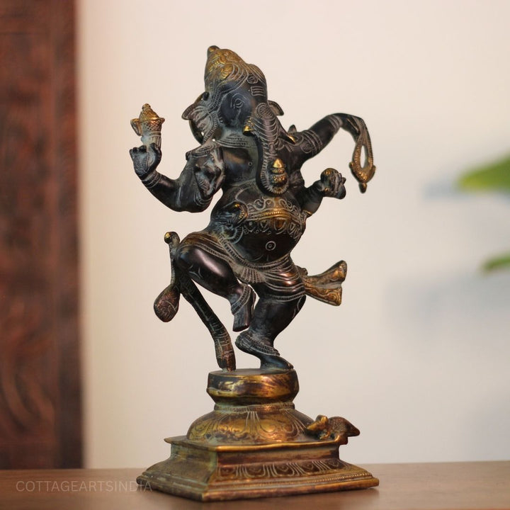 Brass Dancing Ganesha Statue Black and Gold Finish-13"