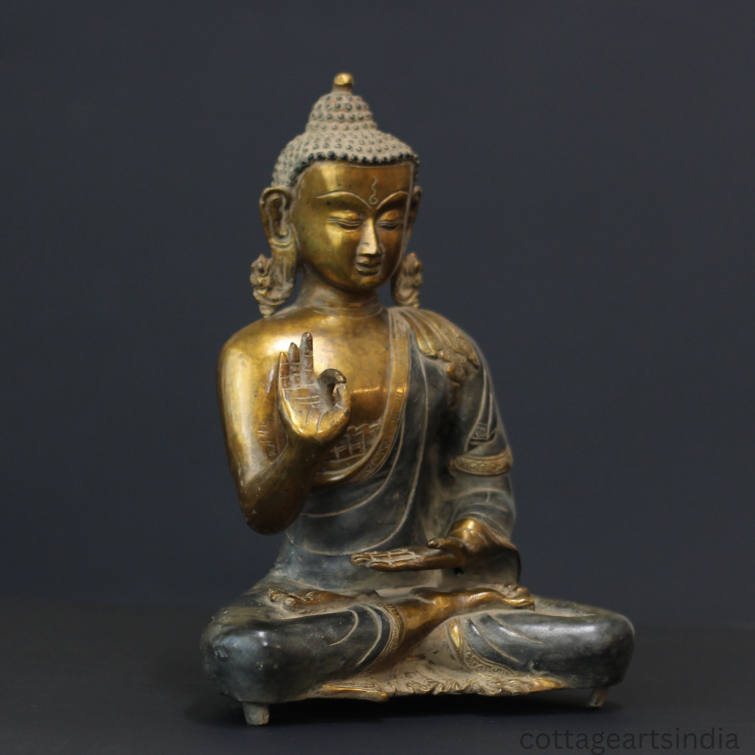 Brass Blessing Buddha in Matte Black & Antique Gold