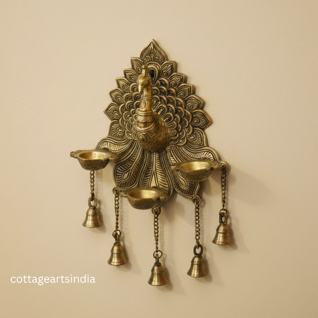Handcrafted Brass Peacock Wall Hanging with 3 Diyas & Bells | Traditional Indian Wall Décor