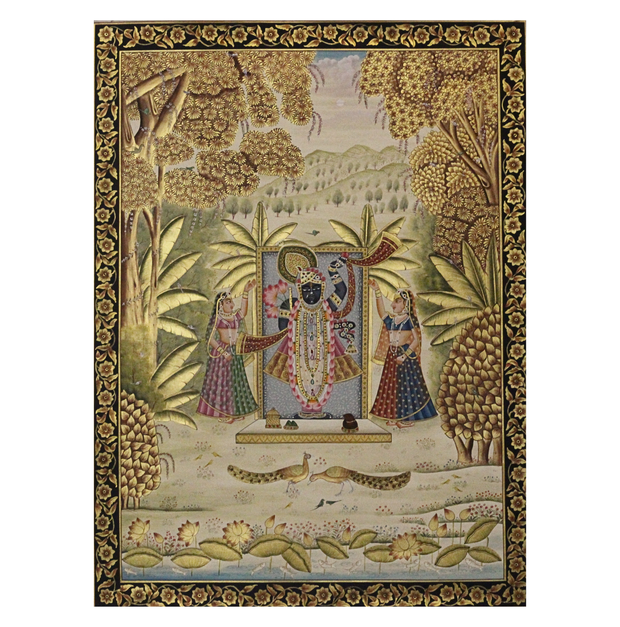 Lord Shrinathji Temple Scene with Peacocks
