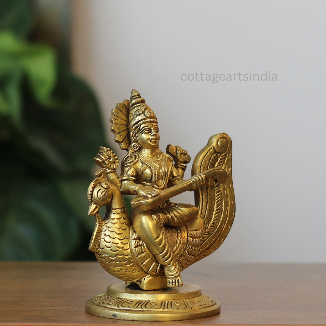 Handcrafted Brass Goddess Saraswati Idol on Swan