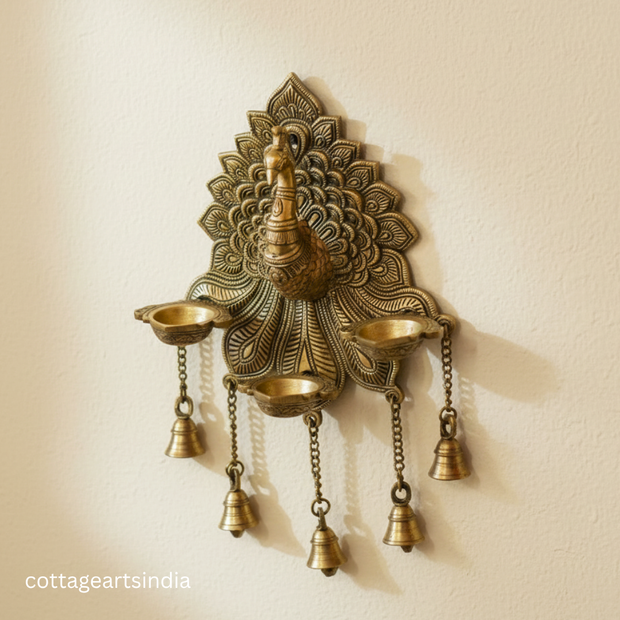 Handcrafted Brass Peacock Wall Hanging with 3 Diyas & Bells | Traditional Indian Wall Décor