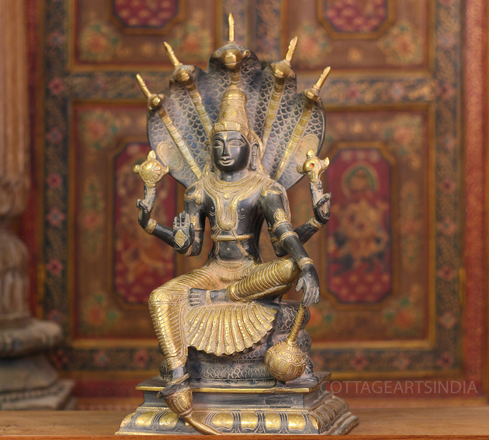 Brass Vishnu Black and Antique Gold Finish with Sheshnaag