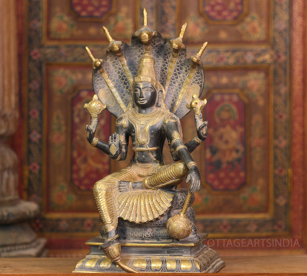 Brass Vishnu Black and Antique Gold Finish with Sheshnaag