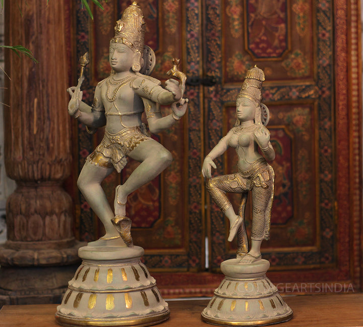 Brass Shiva Parvati Dancing in Rustic - Gold Finish