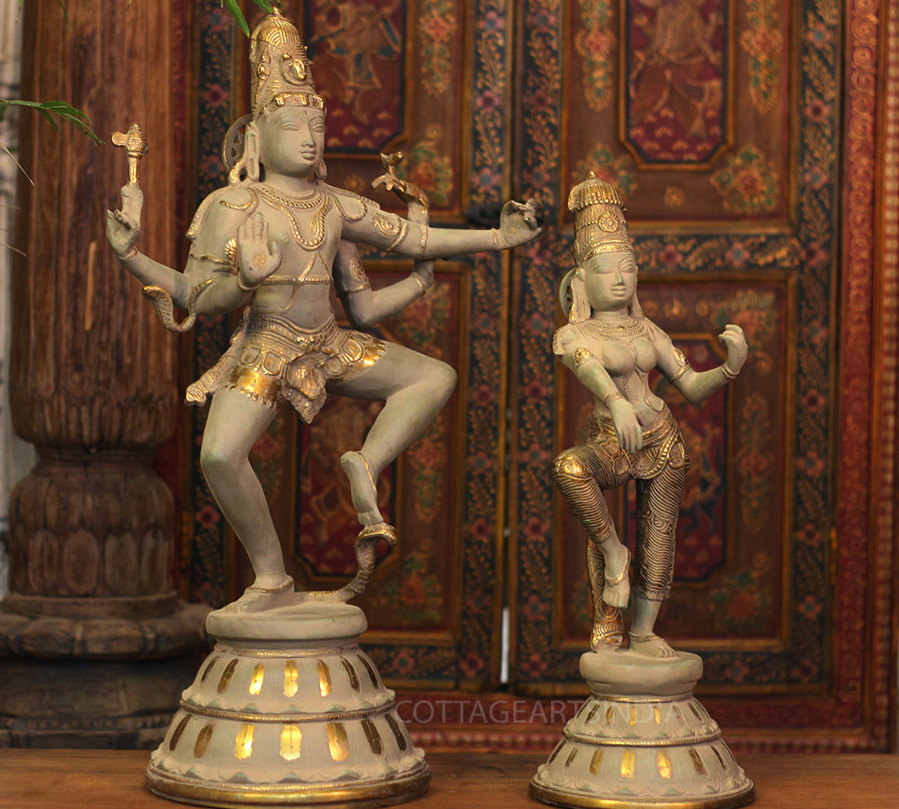 Brass Shiva Parvati Dancing in Rustic - Gold Finish