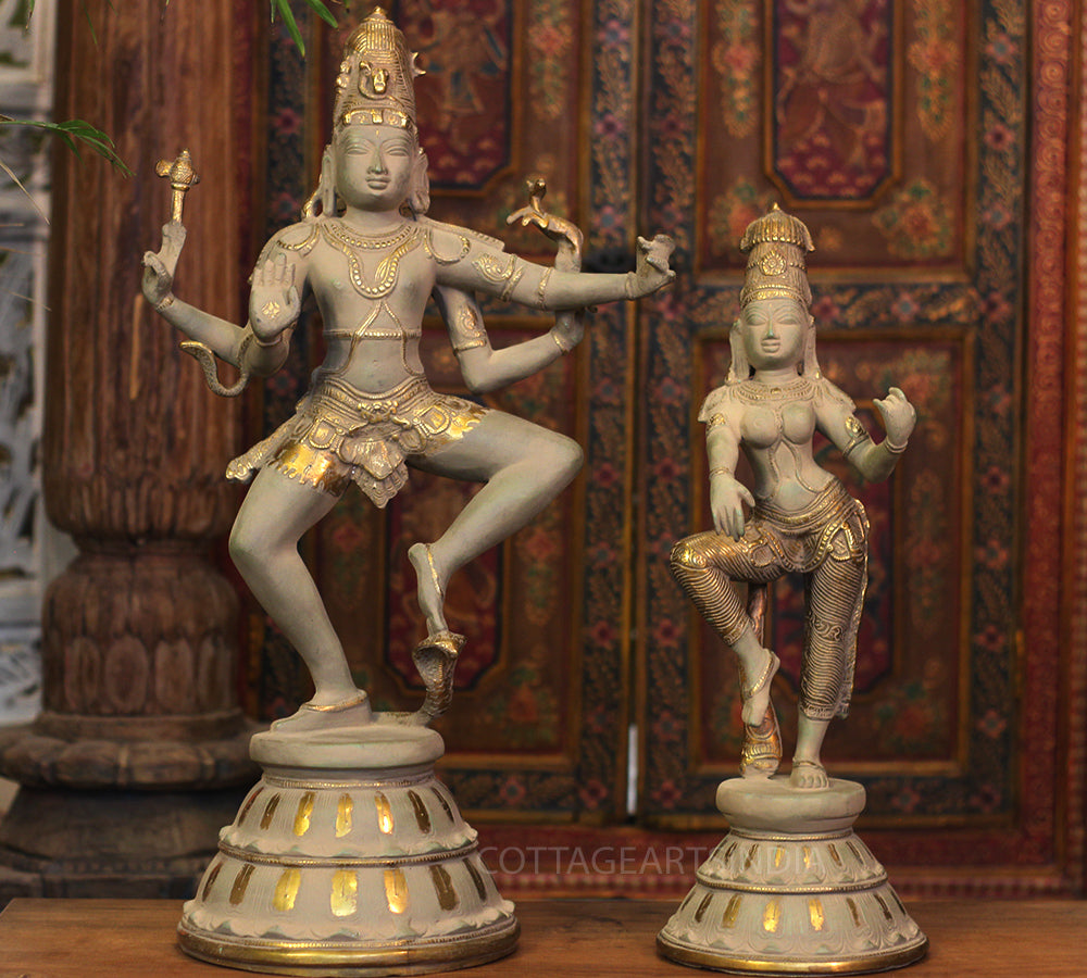 Brass Shiva Parvati Dancing in Rustic - Gold Finish