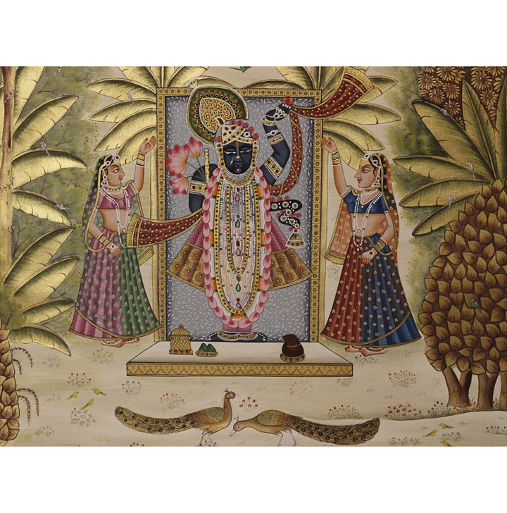 Lord Shrinathji Temple Scene with Peacocks