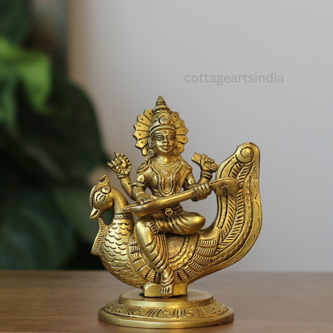 Handcrafted Brass Goddess Saraswati Idol on Swan