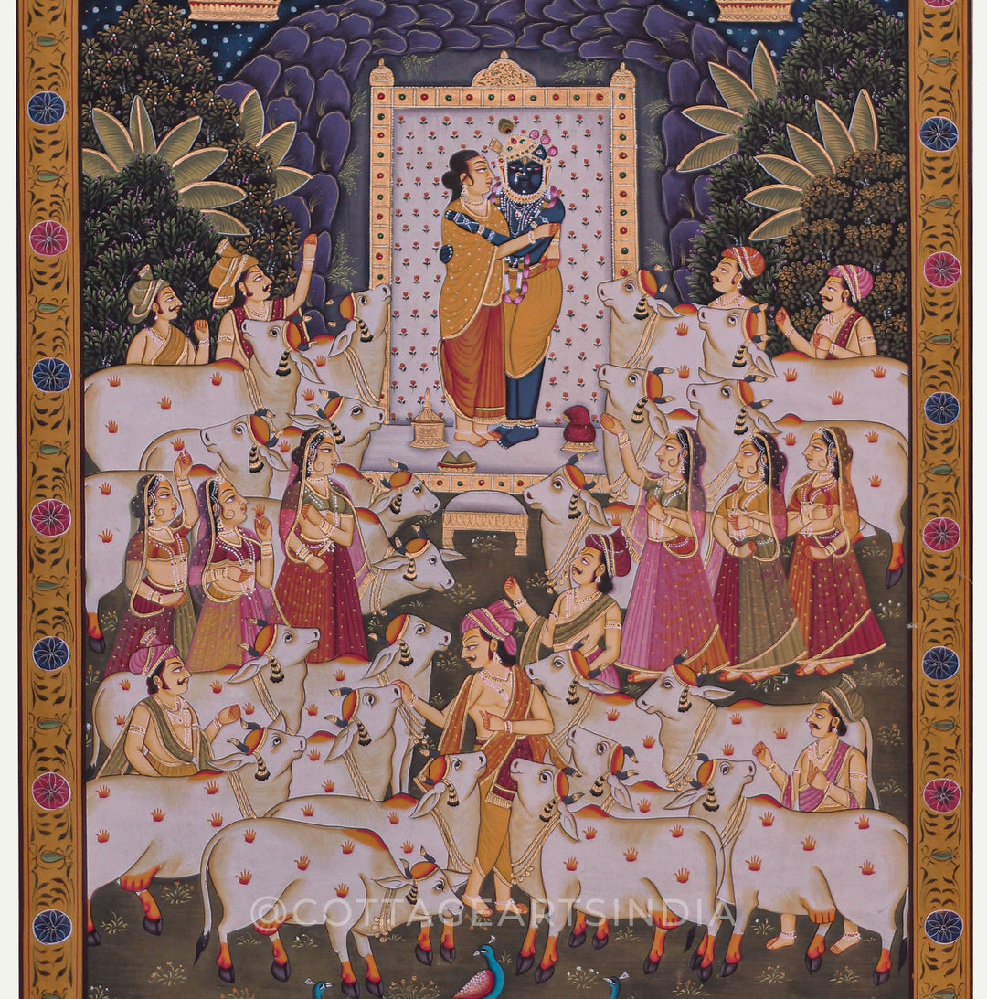 Shrinathji with Swaminiji Amidst Sacred Cows - Devotional Pichwai Painting