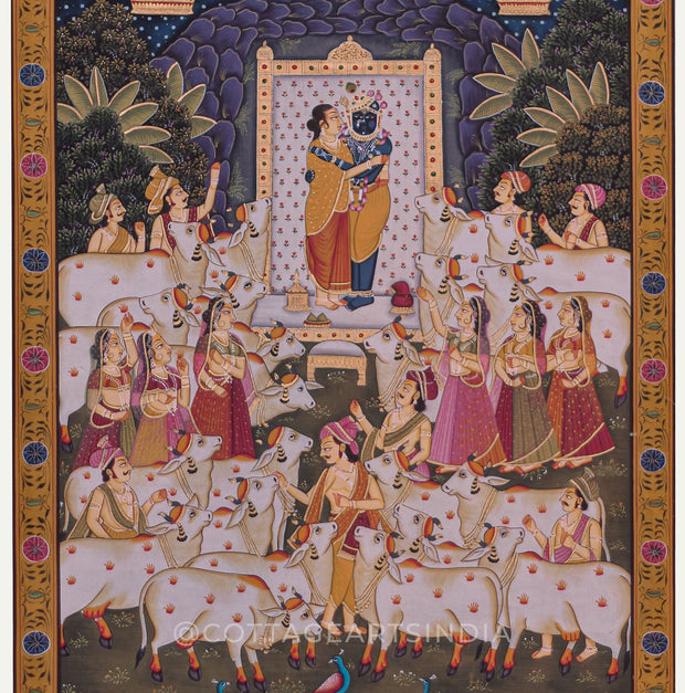 Shrinathji with Swaminiji Amidst Sacred Cows - Devotional Pichwai Painting