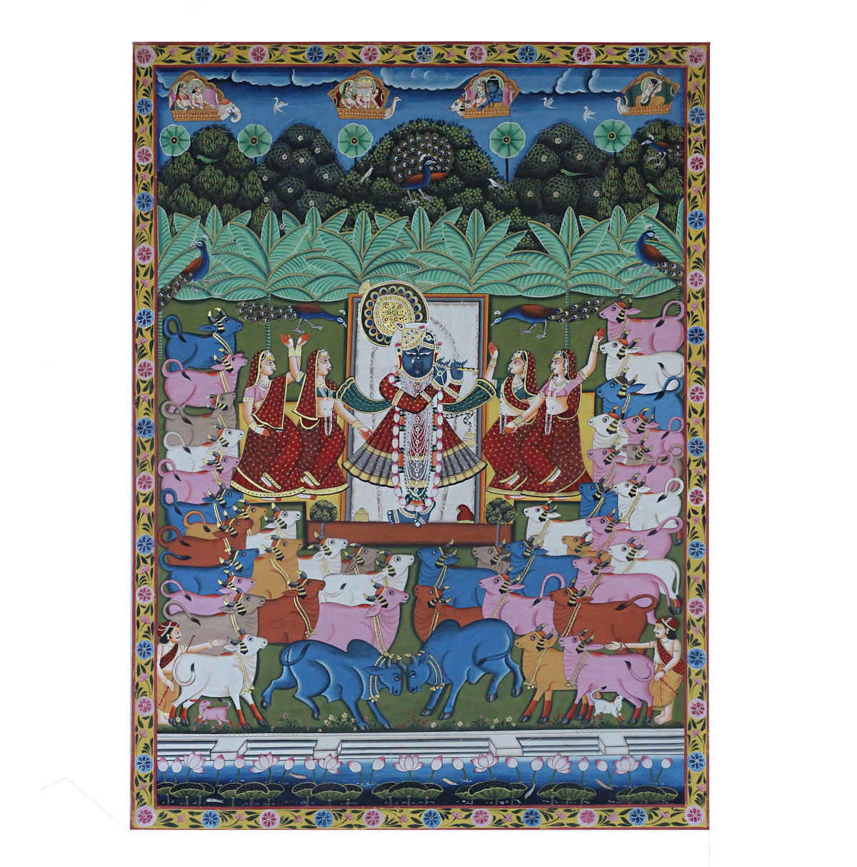 Hand-Painted Shrinathji Pichwai Painting | Krishna with Cows & Gopis