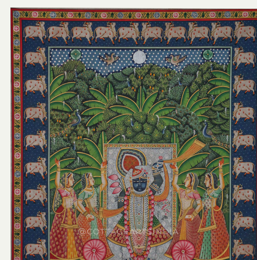 Traditional Pichwai Painting - Shrinathji in Moonlit Vrindavan Forest with Sacred Cow Border