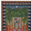 Traditional Pichwai Painting - Shrinathji in Moonlit Vrindavan Forest with Sacred Cow Border