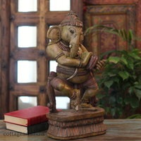 Handcrafted Wooden Ganesha Playing Manjira | Indian Home Decor