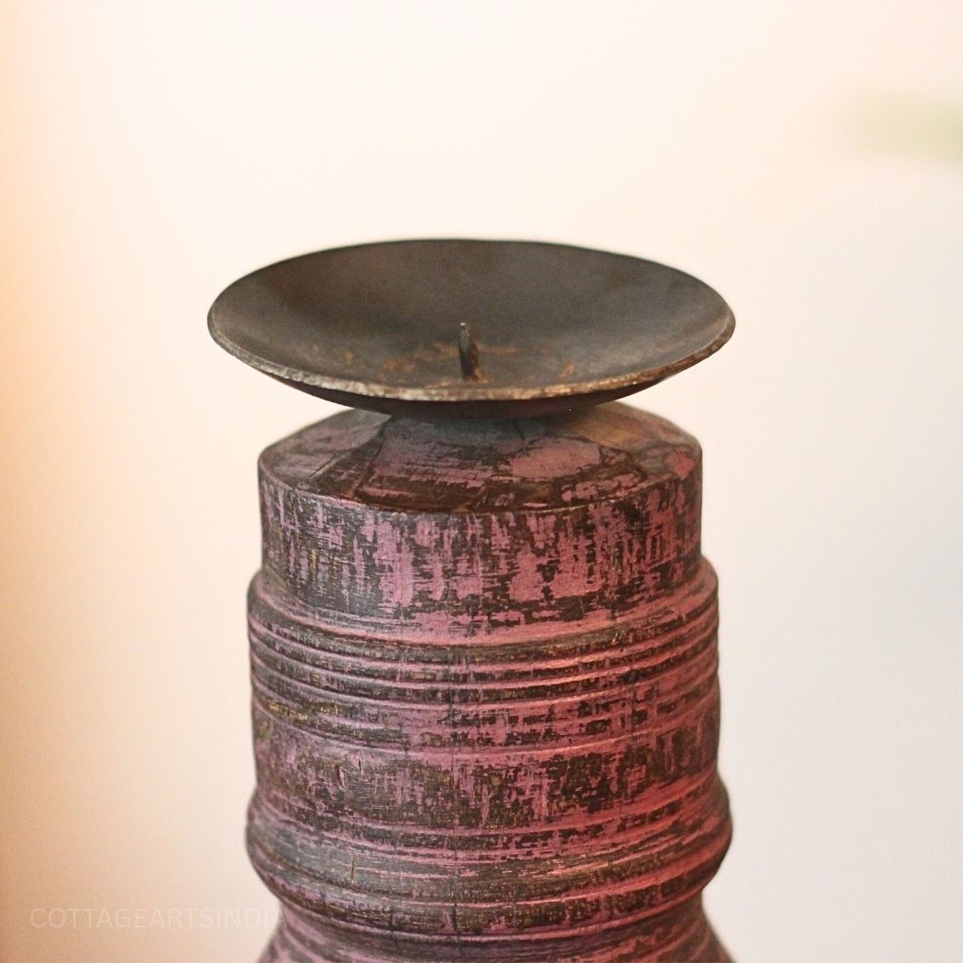 Vintage Wooden Pillar Candle Holder | Rustic Handcrafted Heritage Décor