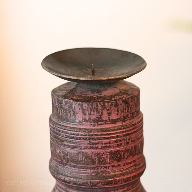 Vintage Wooden Pillar Candle Holder | Rustic Handcrafted Heritage Décor
