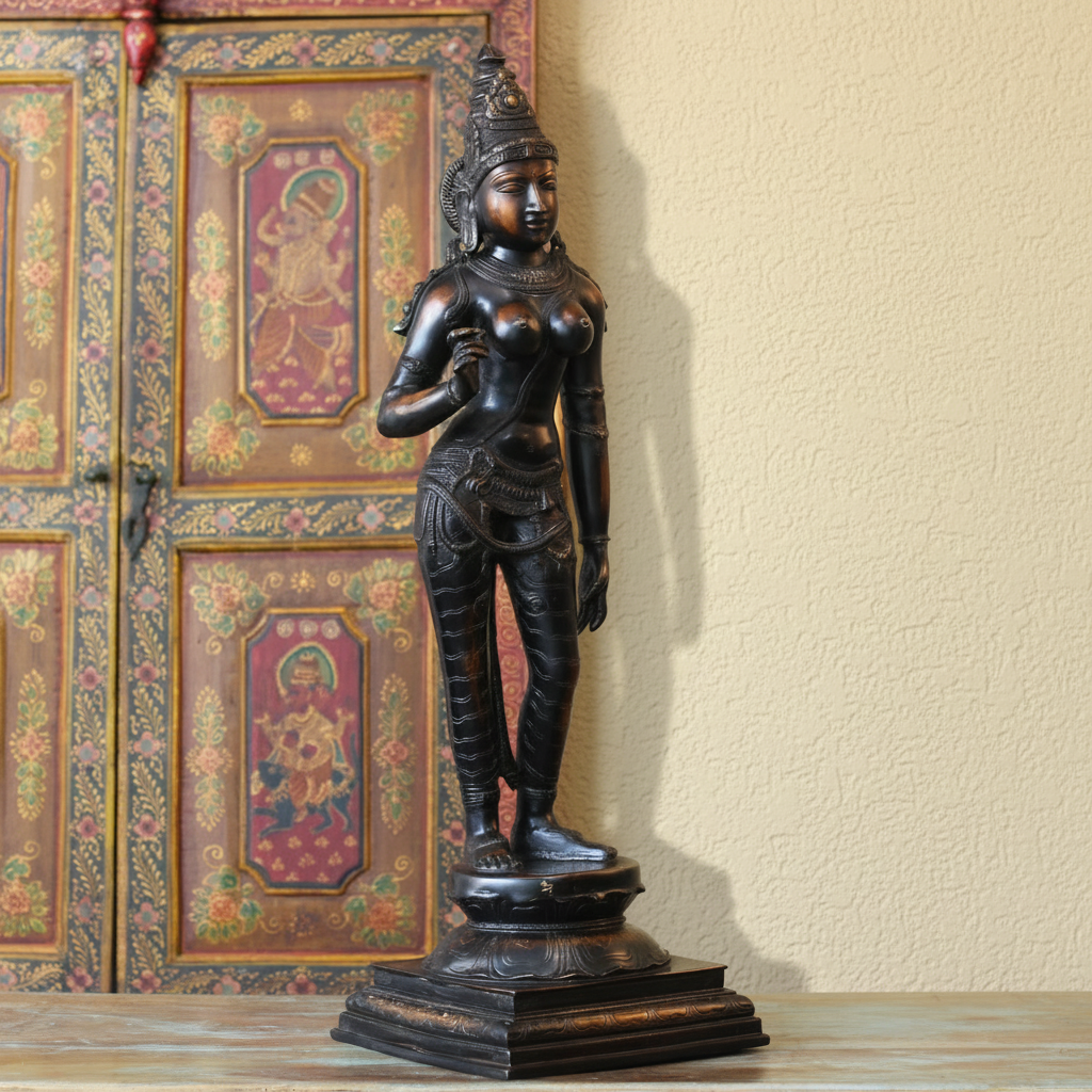 Brass Uma Parvati Sculpture 27" | Chola Inspired South Indian Goddess Statue