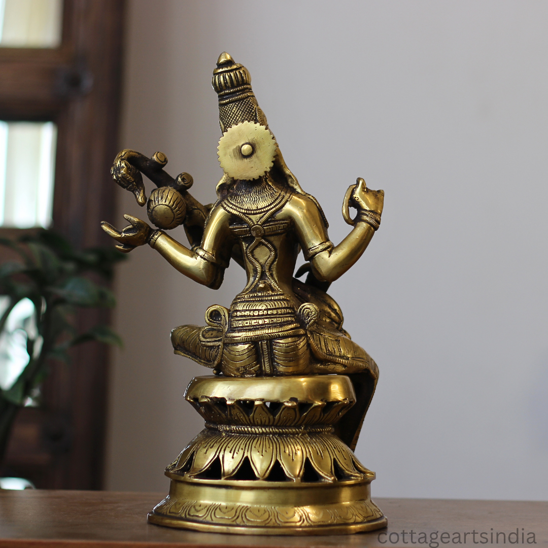Brass Saraswati on Lotus Stand 13"