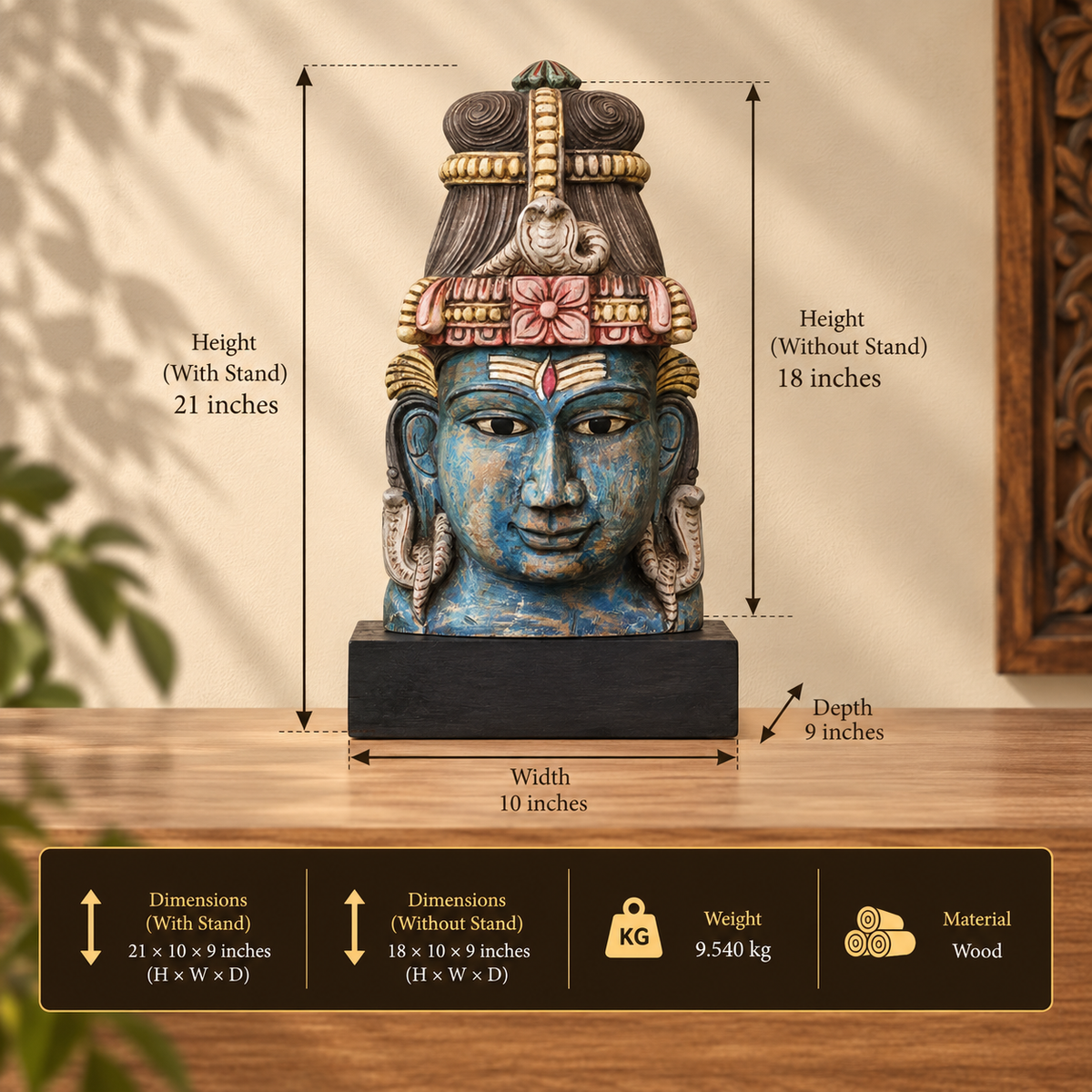 Handcrafted Wooden Lord Shiva Head Sculpture – Vintage Antique Blue Finish