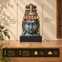Handcrafted Wooden Lord Shiva Head Sculpture – Vintage Antique Blue Finish