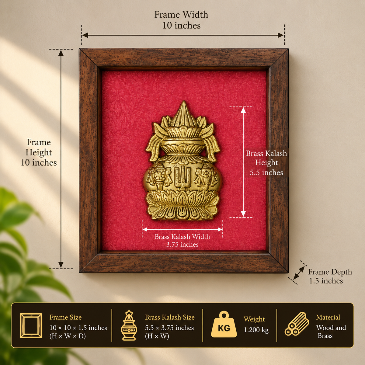 Handcrafted Brass Kalash Wooden Wall Frame