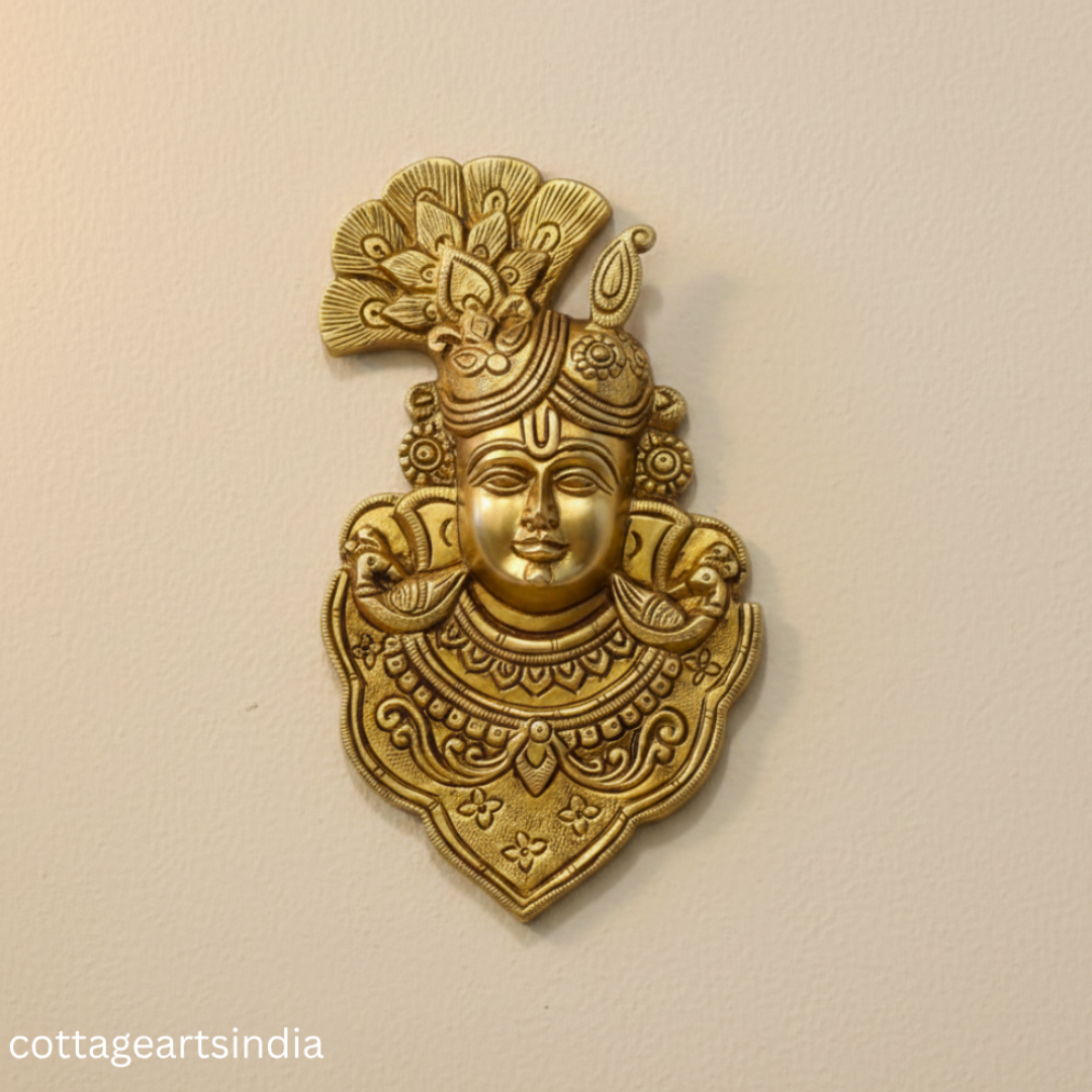 Handcrafted Brass Lord Krishna Face Wall Hanging | Peacock Feather Divine Wall Décor