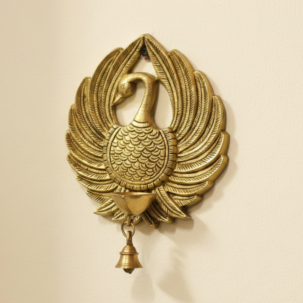 Handcrafted Brass Peacock Wall Hanging with Diya & Bell | Traditional Indian Wall Décor