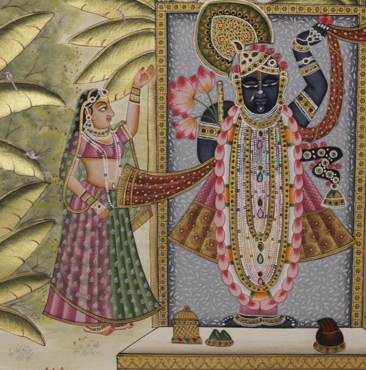 Lord Shrinathji Temple Scene with Peacocks