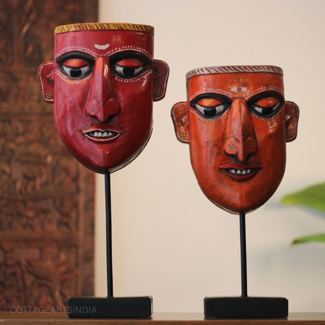 Set of 2 Vintage Kummattikali Wooden Masks on Stand