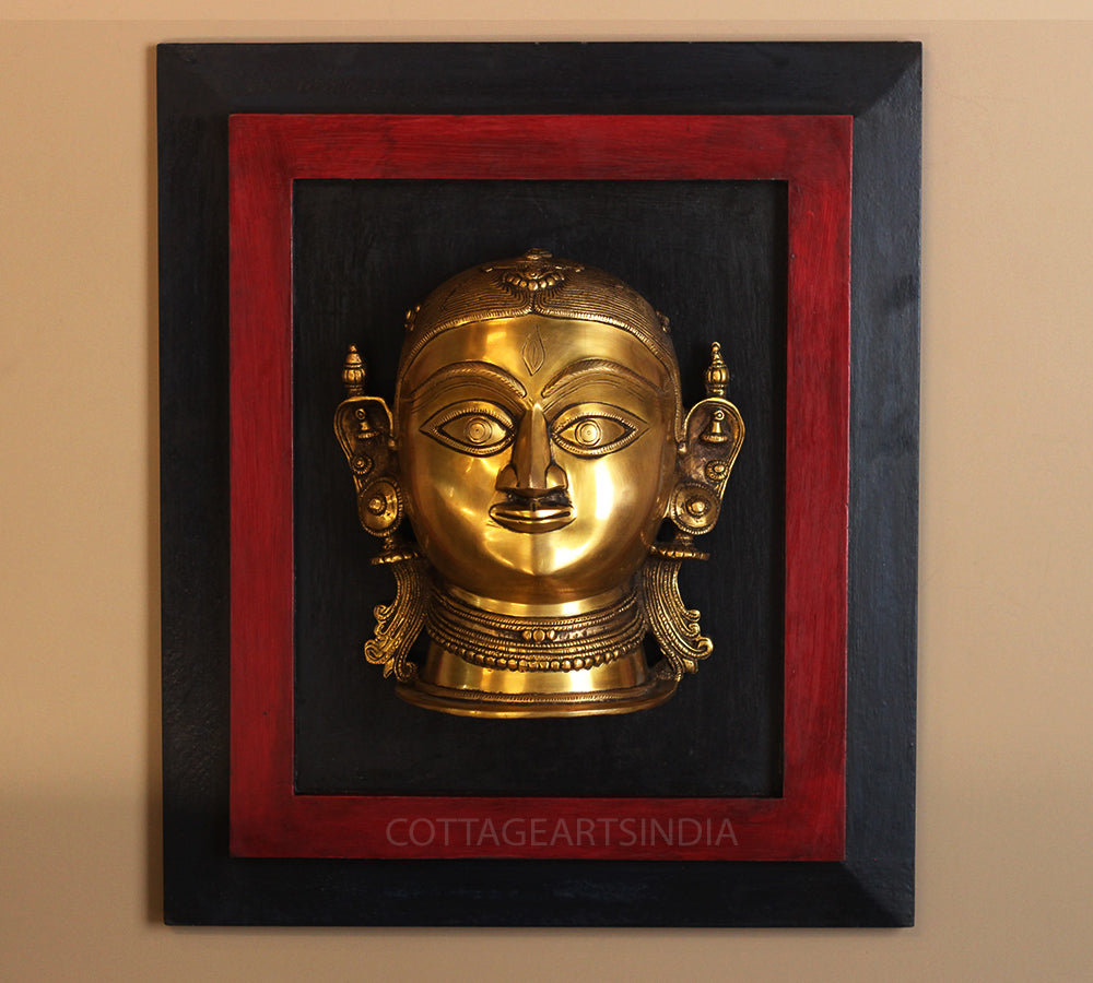 Wooden Frame and Brass Gauri Mask Wall Hanging