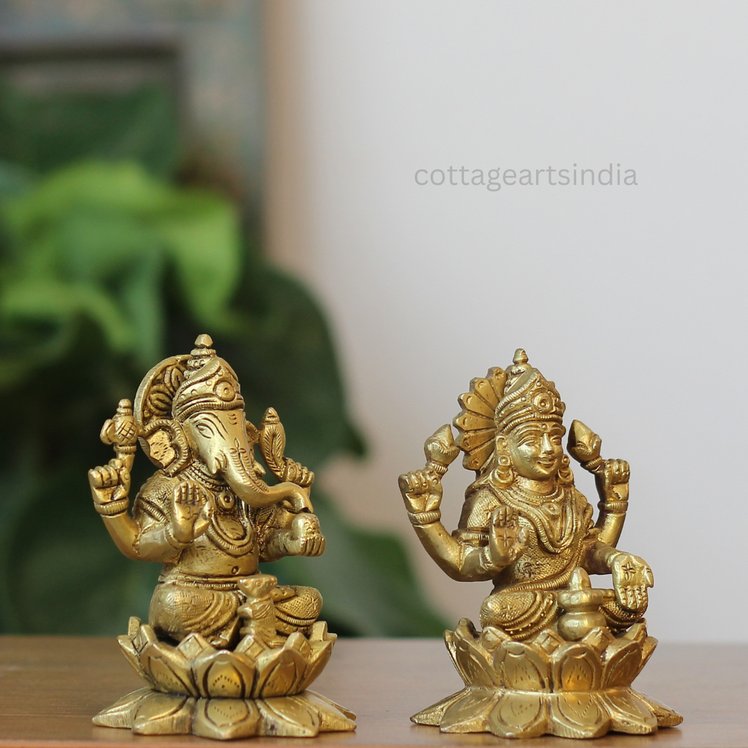 Handcrafted Brass Lakshmi Ganesha Idols – Set of 2 on Lotus Bases