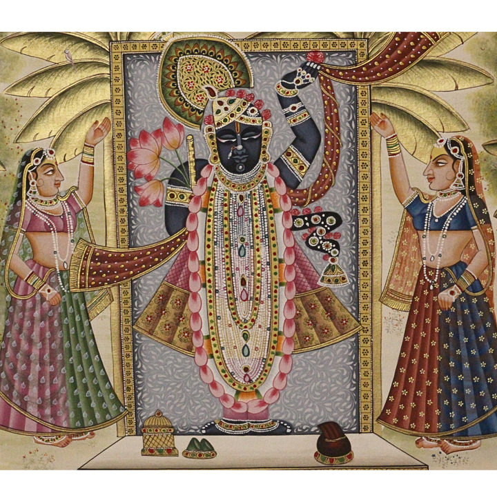 Lord Shrinathji Temple Scene with Peacocks