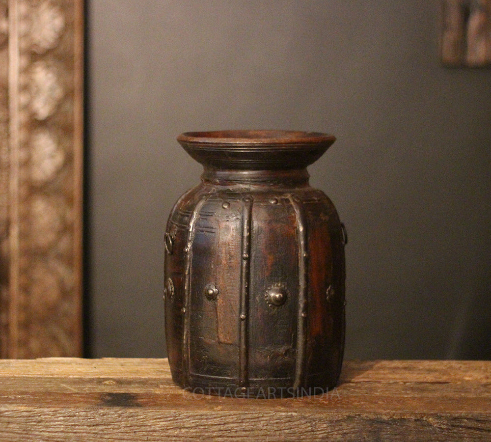 Vintage Wooden Pot Ribbed Metal
