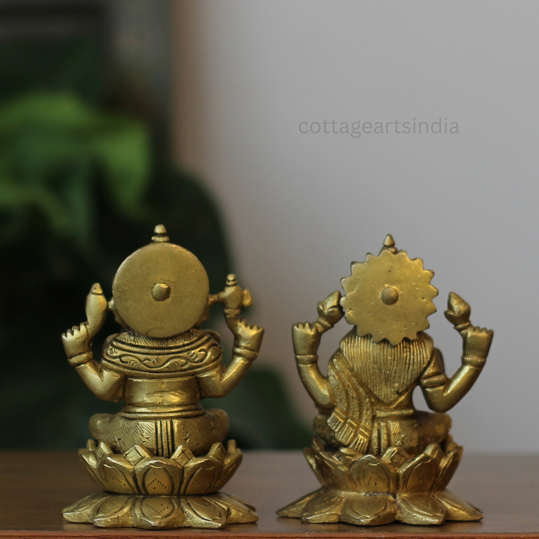 Handcrafted Brass Lakshmi Ganesha Idols – Set of 2 on Lotus Bases